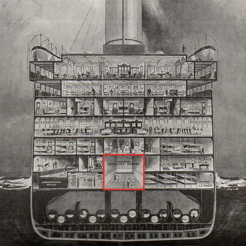 Корт для сквоша на плане «Титаника». Его стены сделали из стали, а на задней находилось смотровое окно, через которое можно было наблюдать за игрой. Источник: wordpress.com
