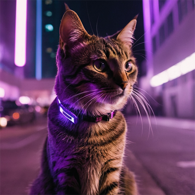 Киберпанковые коты с разными словами: purple lightning, skyscraper, robot, dancing. Источник: Fooocus, SDXL