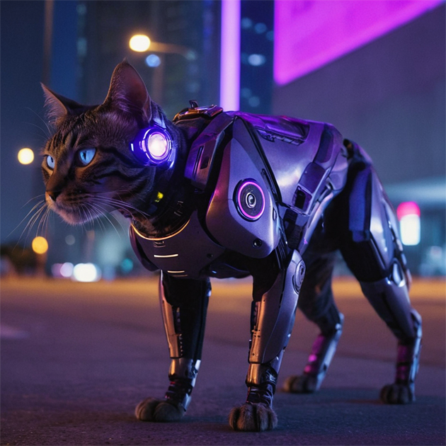 Киберпанковые коты с разными словами: purple lightning, skyscraper, robot, dancing. Источник: Fooocus, SDXL