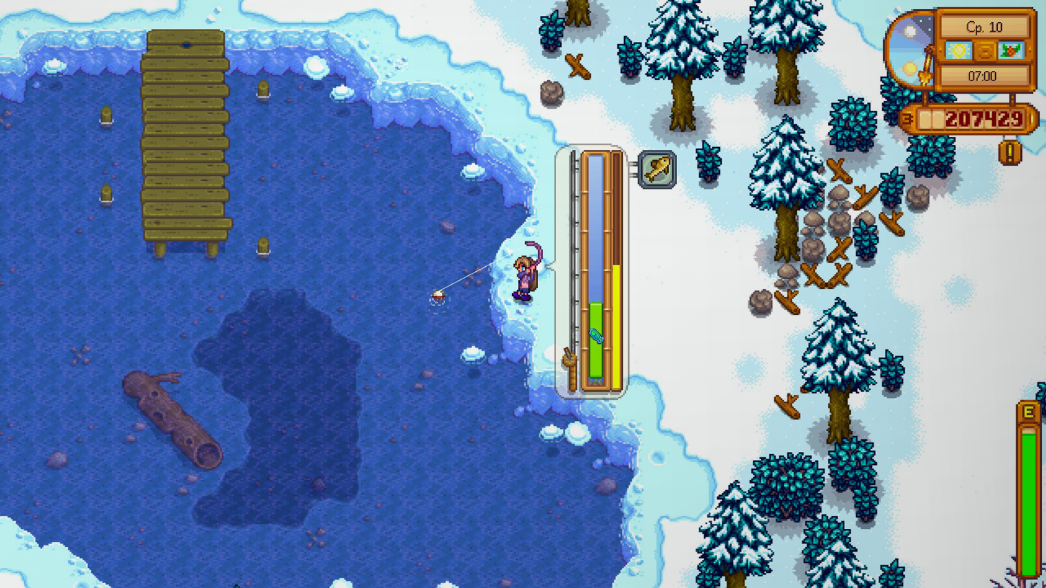 Если на удочке стоит сонарный поплавок, справа отображается, какую рыбу поймал игрок