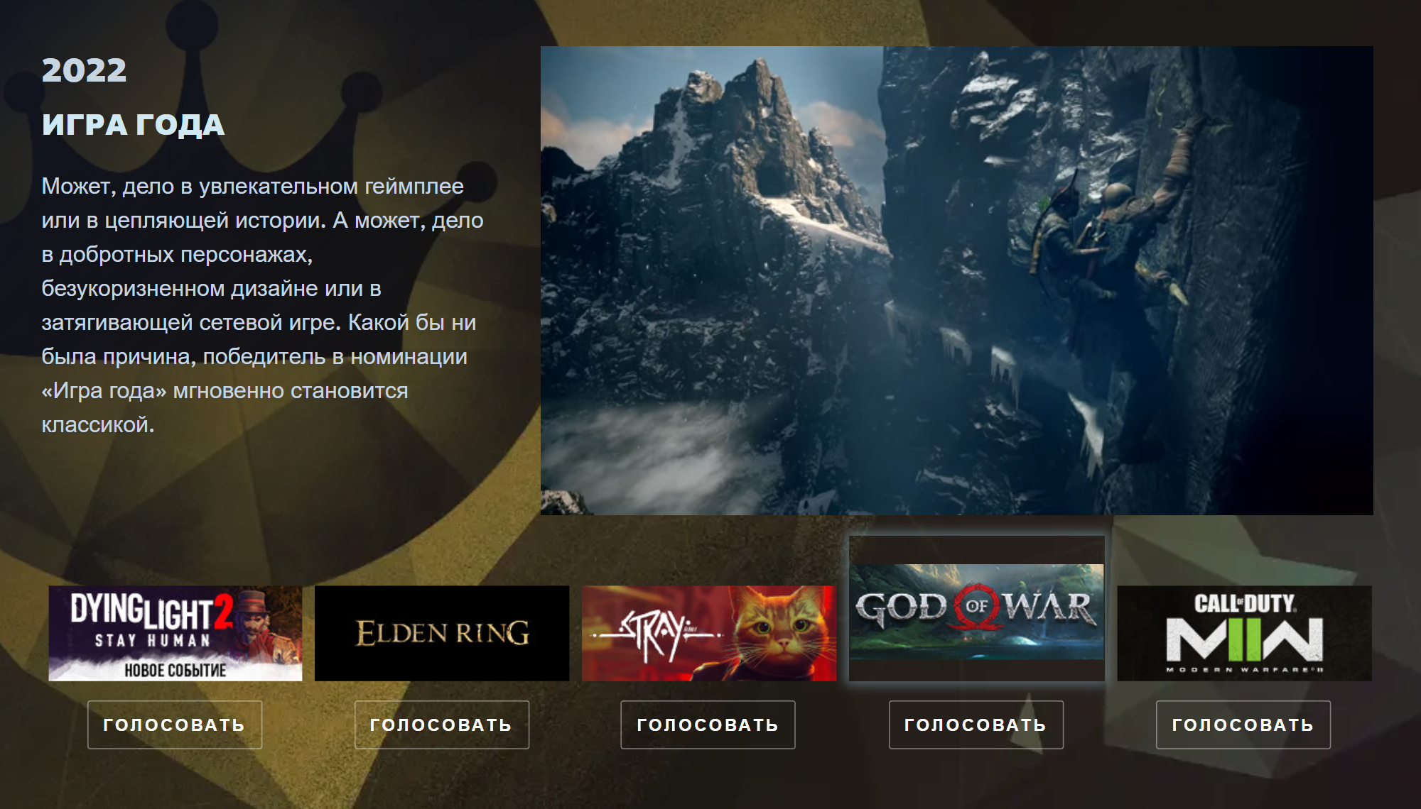 На «Игру года» по версии Steam Awards есть пять претендентов: Dying Light 2, Elden Ring, Stray, God of War (2018) и Call of Duty: Modern Warfare 2 (2022). Их выдвигали сами пользователи. Источник: store.steampowered.com