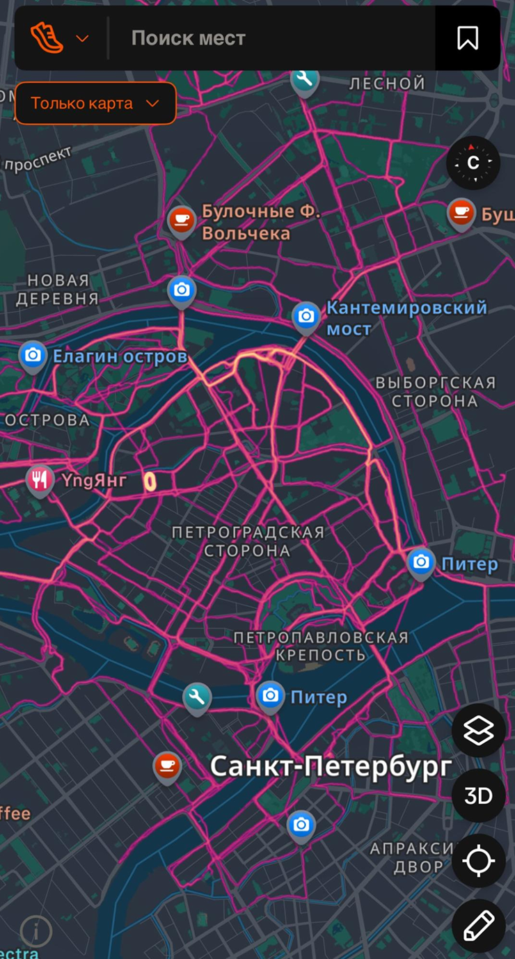 Так выглядит карта всех моих пробежек по Петербургу