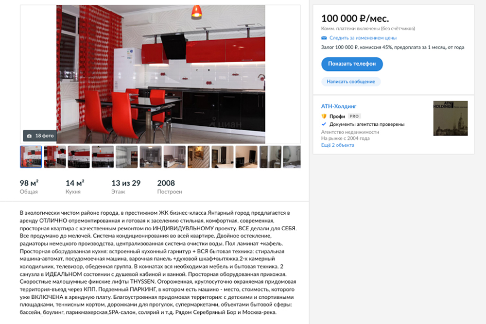 В ЖК «Янтарный город» аренда чуть дешевле — 100 000 ₽ в месяц. Источник: cian.ru