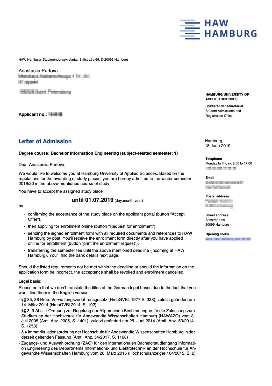 Письмо-приглашение от Гамбургского университета прикладных наук с указанием дальнейших шагов для закрепления статуса студента