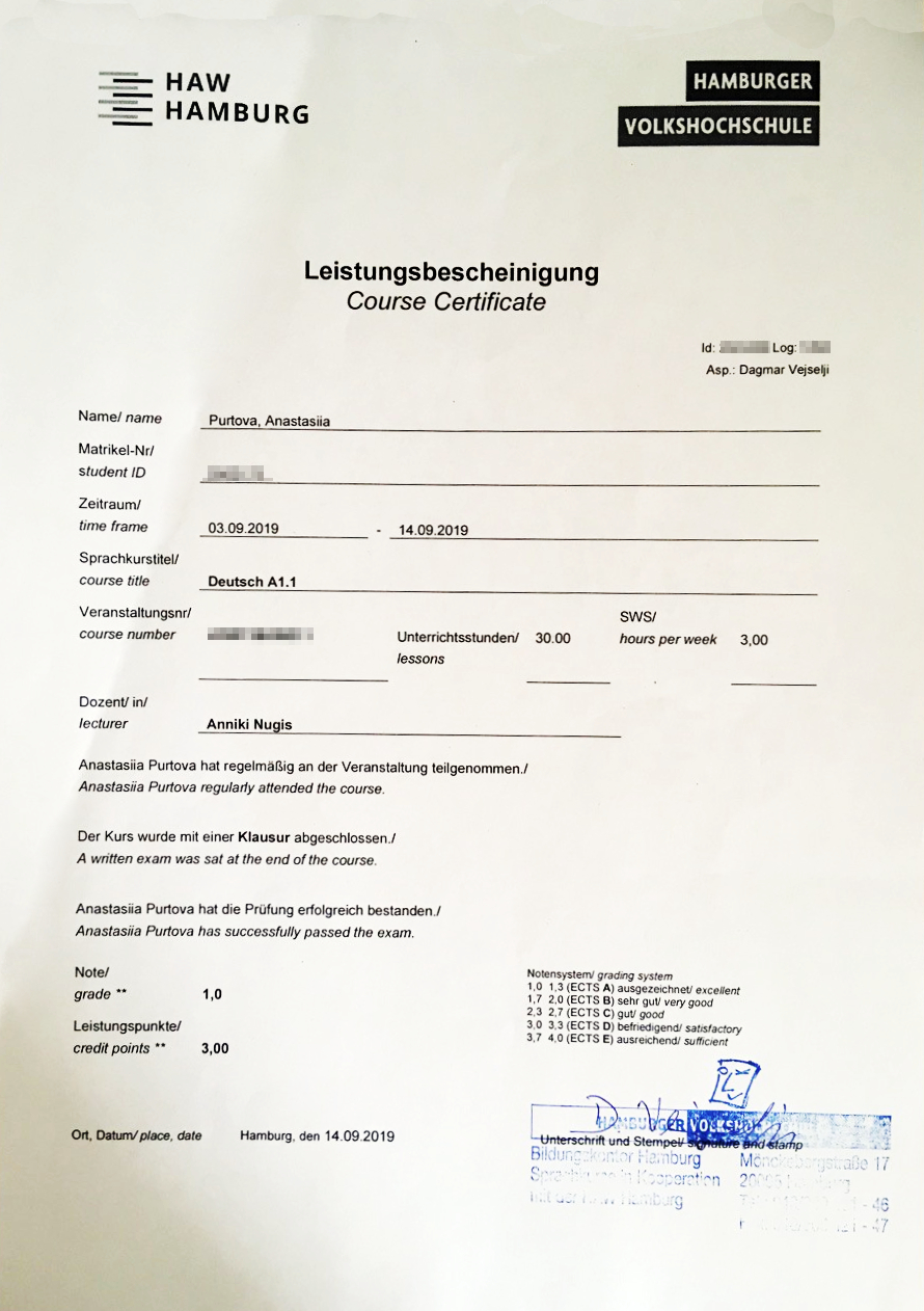 Мой сертификат об окончании интенсивного курса по немецкому языку