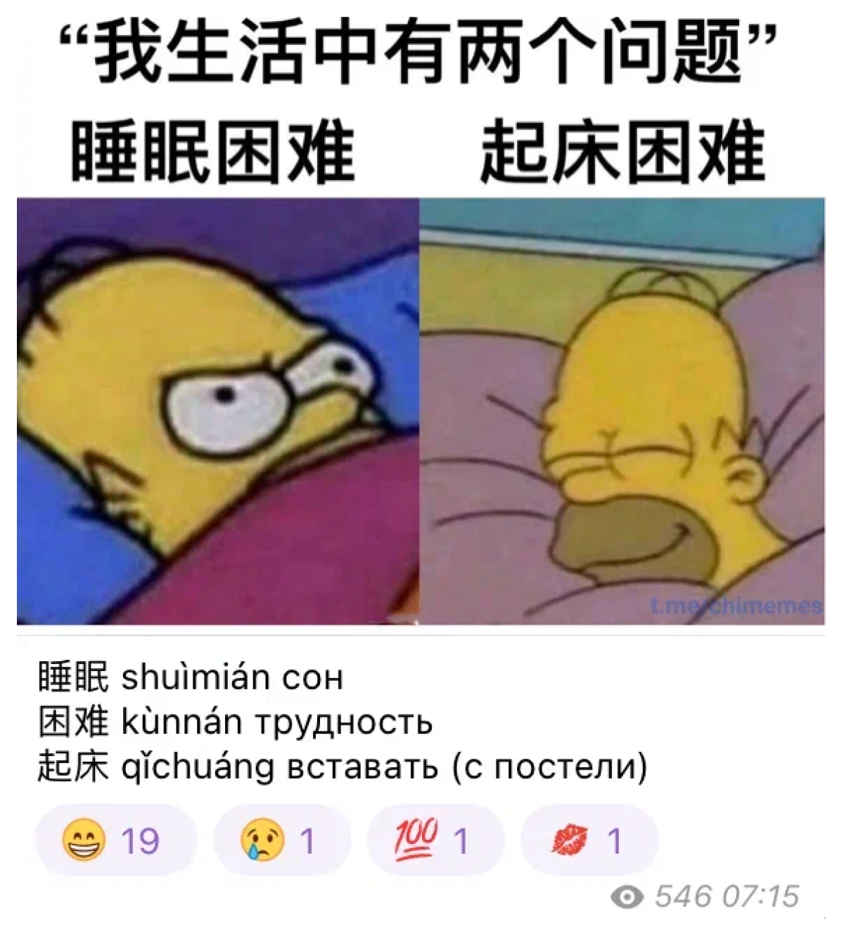 Один из мемов, выложенных на канале. Подпись на картинке переводится как «у меня в жизни две проблемы: как заснуть и как встать с кровати»