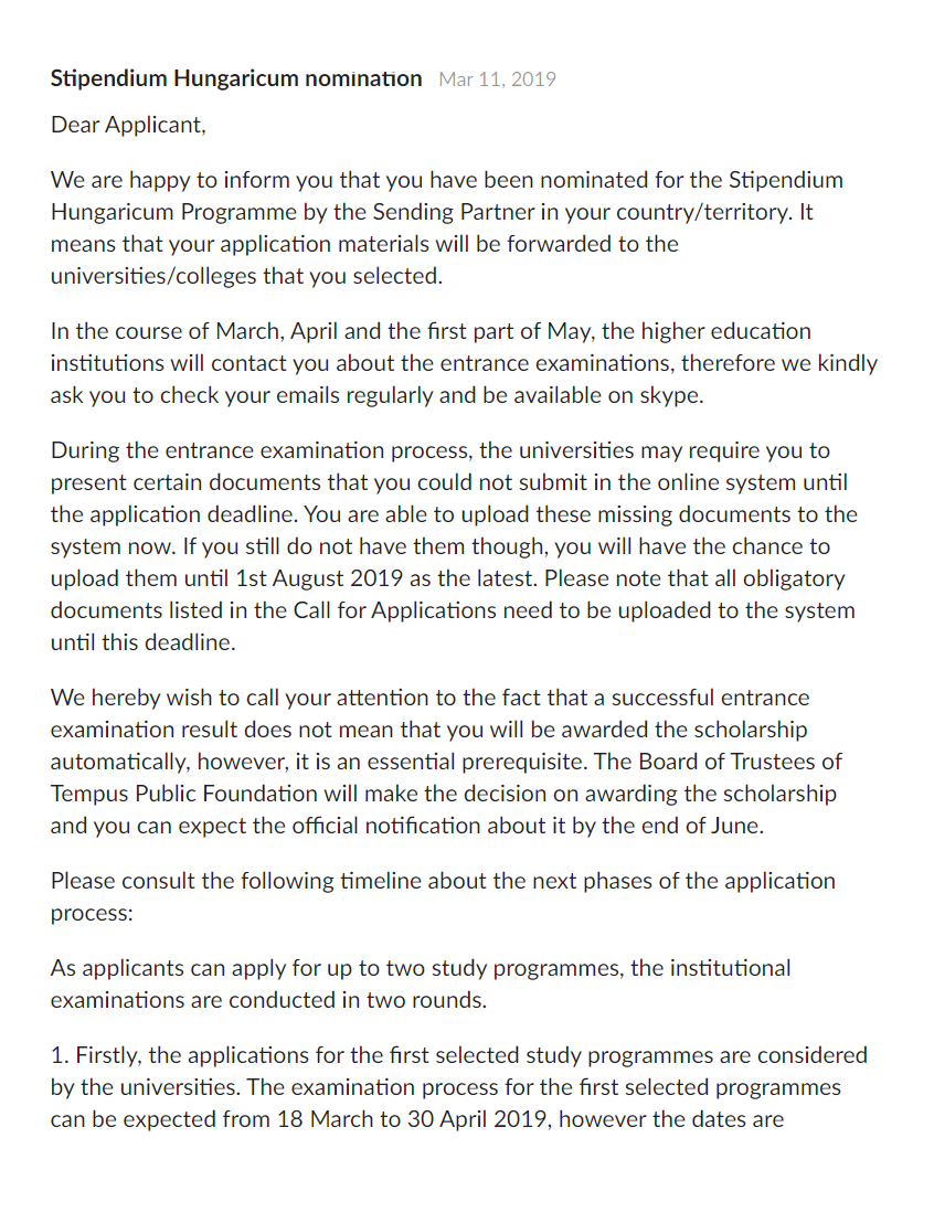 Письмо о номинации на стипендию Stipendium Hungaricum не гарантирует получение стипендии — нужно еще поступить в университет