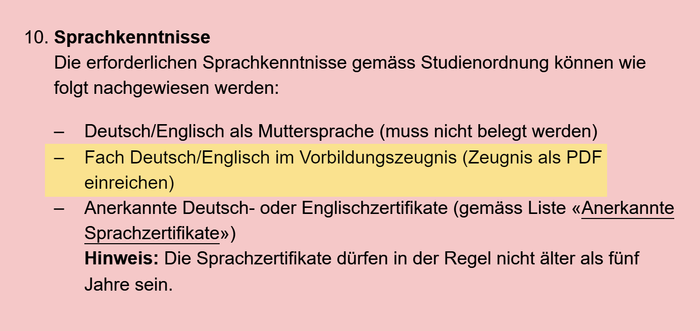 Спасительная формулировка на сайте ZHdK — как подтвердить знание языка: владеть им в качестве родного, показать запись об изучении немецкого в транскрипте оценок, Vorbildungszeugnis, или предоставить официальный сертификат
