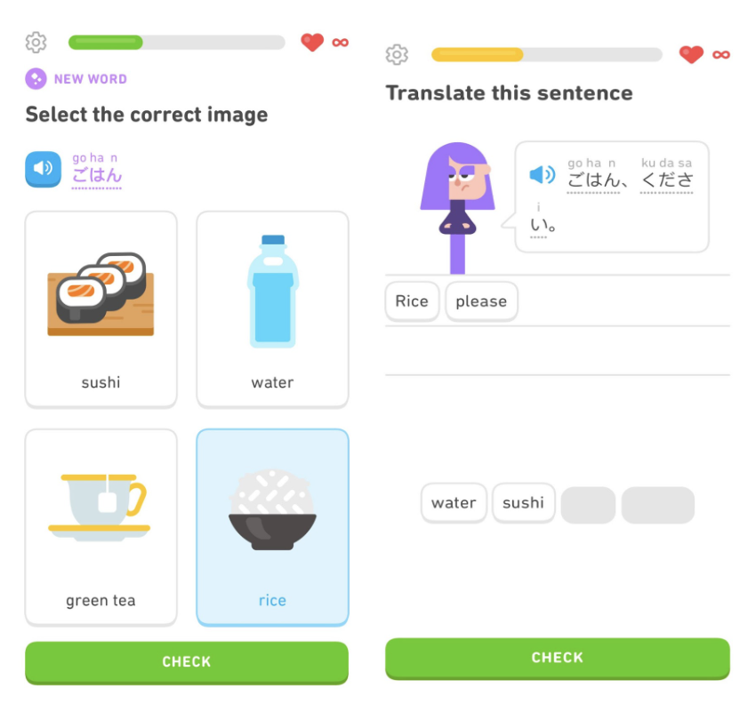В Duolingo можно начать с простых слов и постепенно перейти к словосочетаниям и предложениям