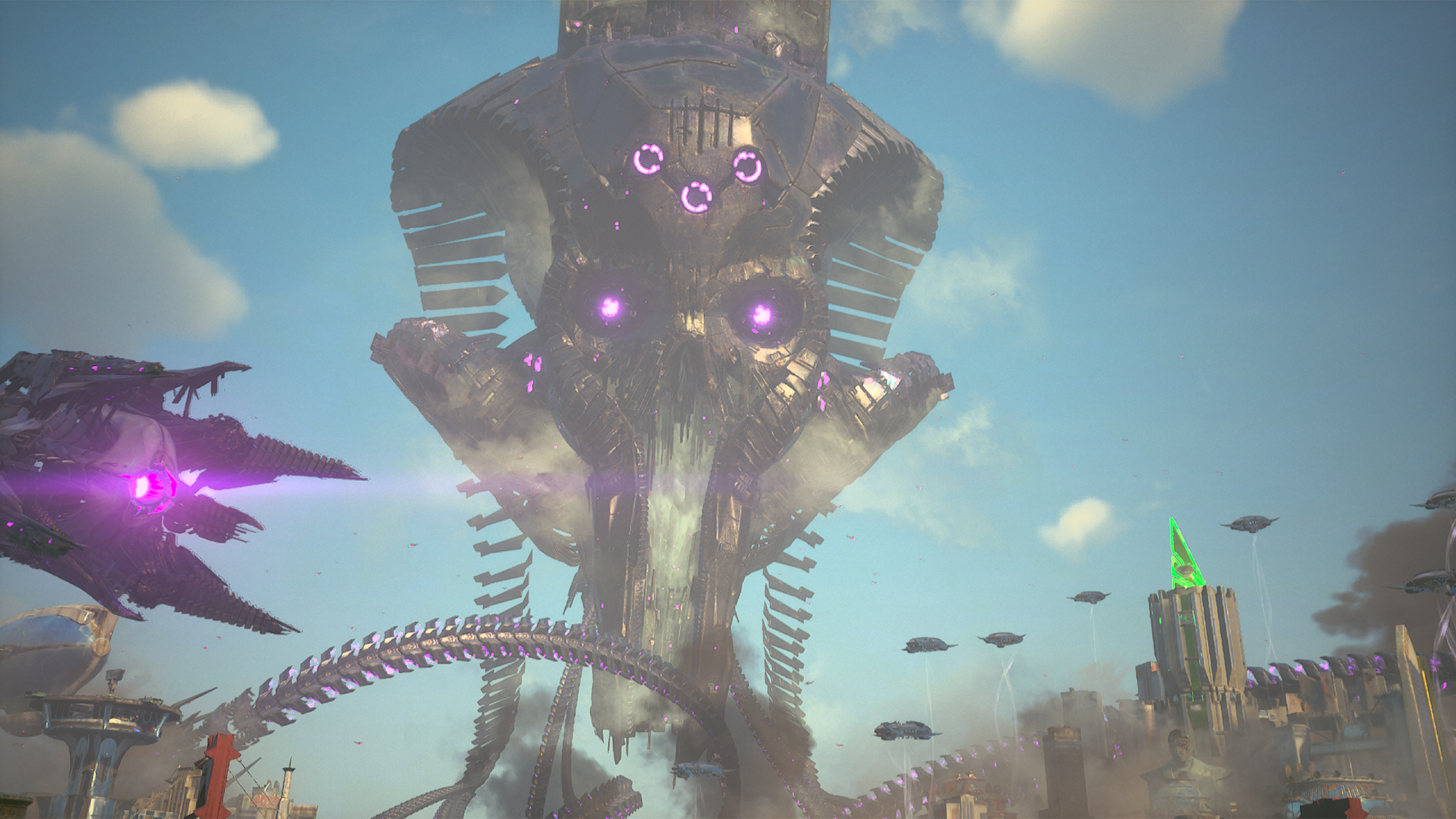 Над Метрополисом висит огромный корабль Брейниака в виде черепа с фиолетовыми глазами