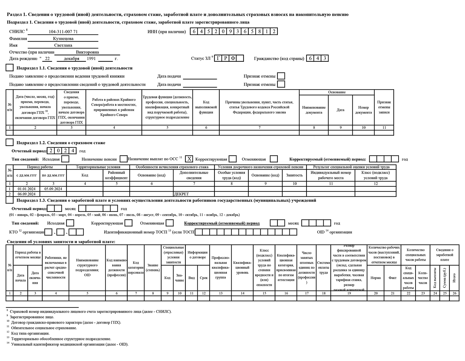 Так выглядит подраздел 1.2, оформленный на сотрудницу, которая уходит в декрет