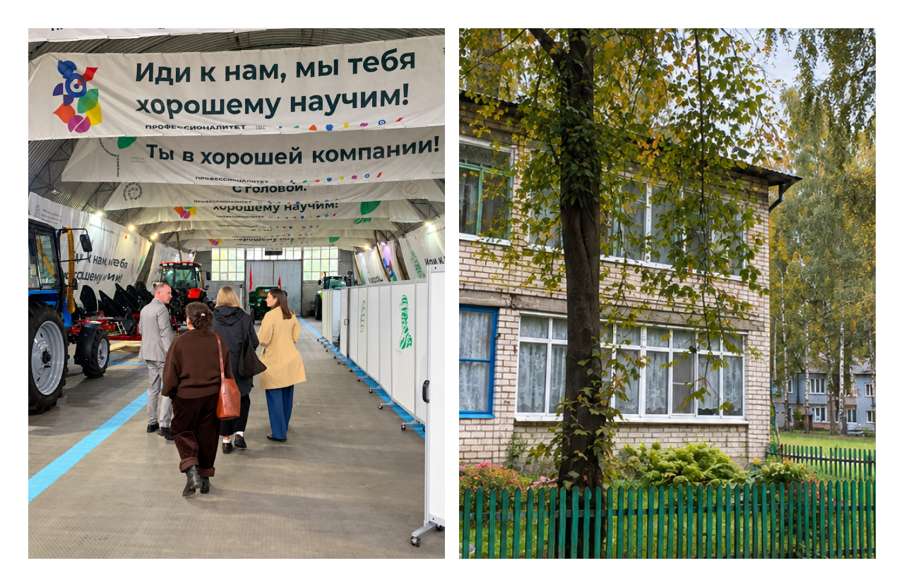 На фото слева нам проводят экскурсию по огромной территории кампуса Княгининского университета. Справа — кусочек тихой провинциальной жизни: малоэтажная застройка, палисадники и маленькие огороды, разбитые возле домов, пасущиеся курочки, пышные яблони