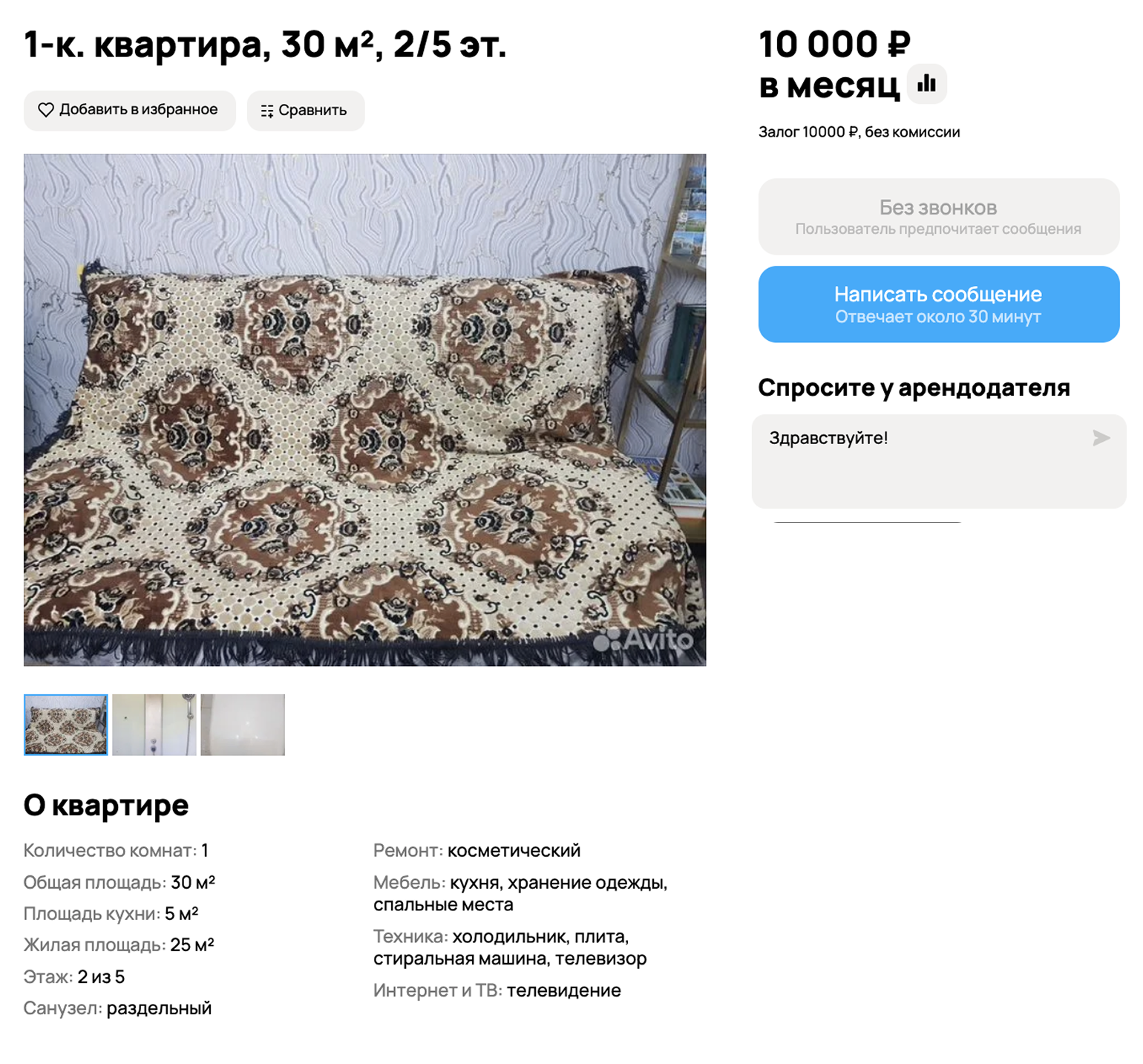 Однушка в Центральном районе за 10 000 ₽ в месяц. © avito.ru