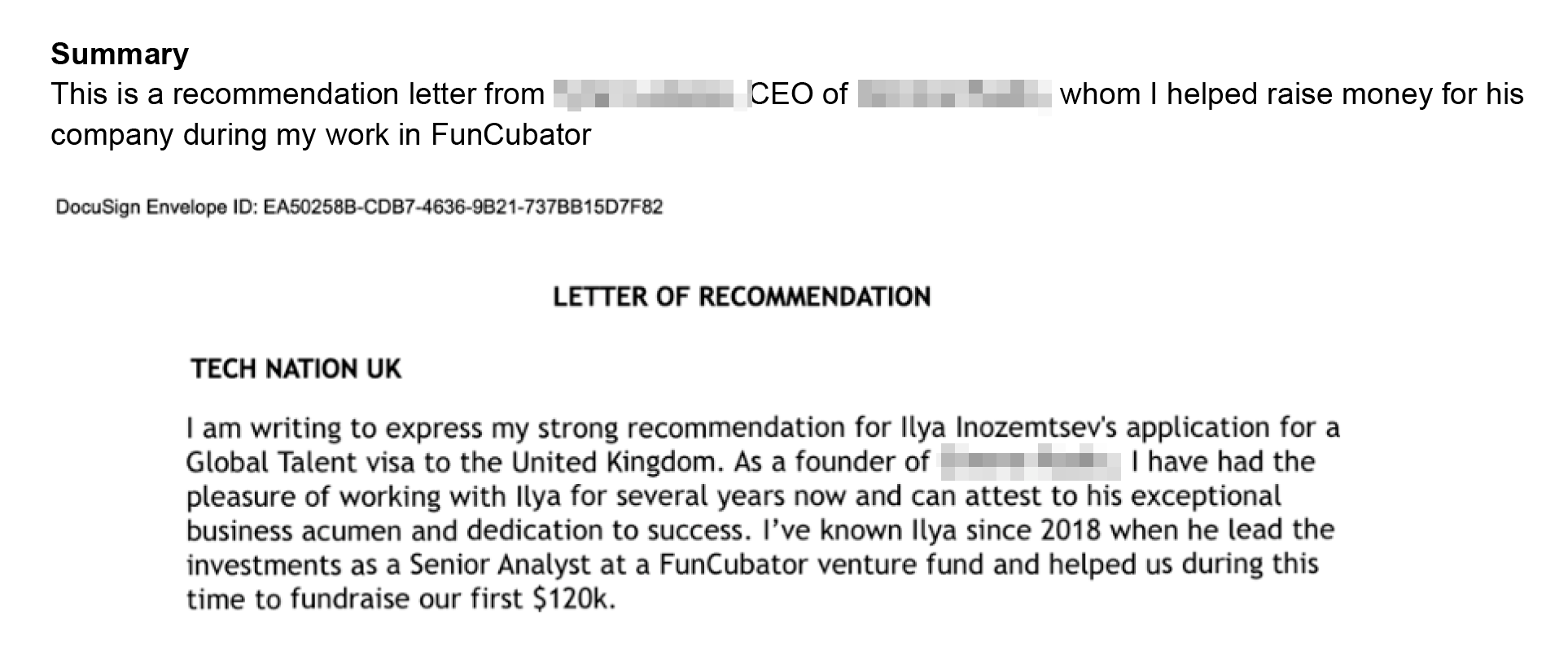 Часть рекомендательного письма от основателя онлайн-радио и магазина, которому я помог привлечь первые 120 000 $ инвестиций
