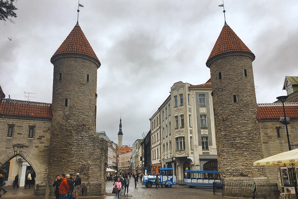 Башни Вируских ворот и трехметровая крепостная стена построены в 13 веке. Между ними виден шпиль Ратуши — там находится Ратушная площадь и центр старого Таллина