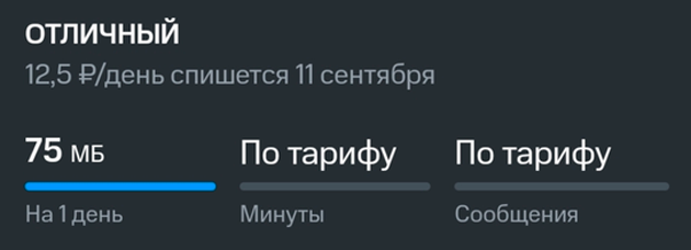 По этому тарифу со счета списывается 12,5 ₽ в день, в пакет входят только 75 Mб интернета
