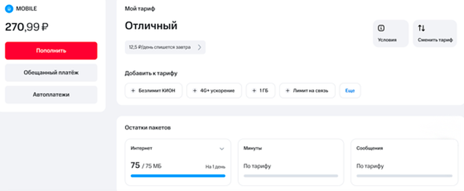 Откроется вкладка с названием тарифа, балансом и остатками пакетов. Чтобы посмотреть подробный документ с расценками, нажмите «Условия»