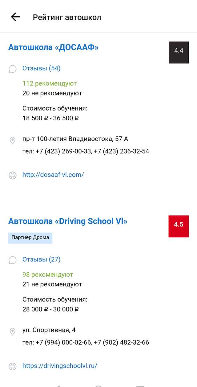 Во Владивостоке стоимость обучения в автошколе в среднем начинается от 20 тысяч рублей. Источник: «Дром»