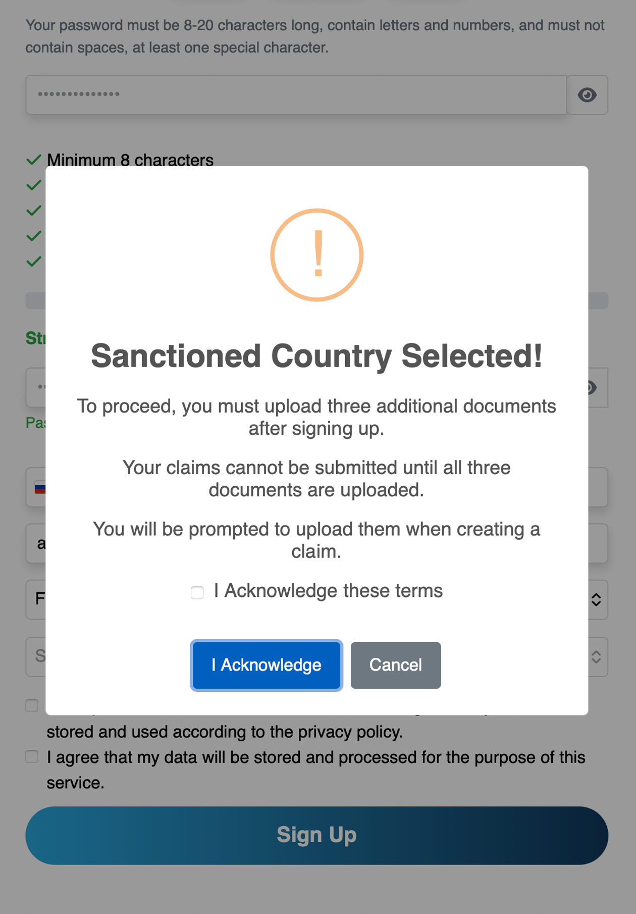 Если при регистрации на сайте по оформлению такс-фри указать российское гражданство, появляется предупреждение, что страна входит в санкционный список. В сообщении говорится, что для подачи заявки запросят дополнительные документы. © vatrefundagency.co.za