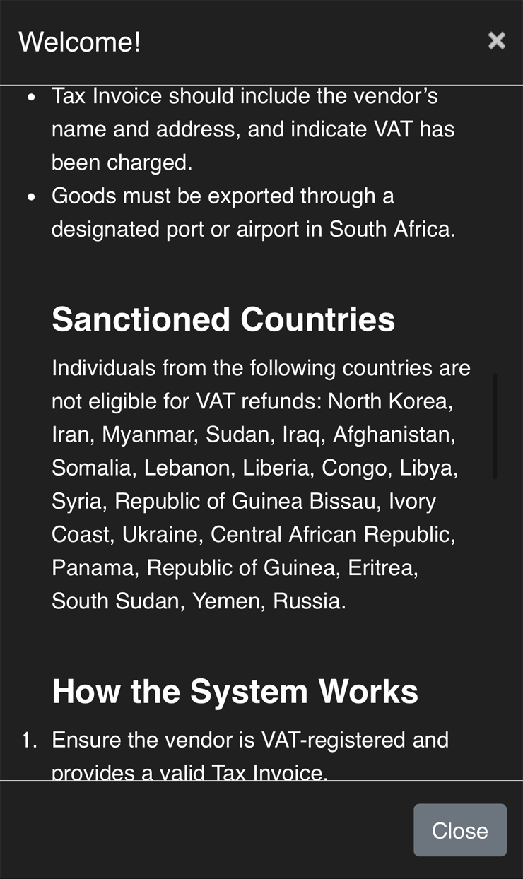 Такой дисклеймер о санкционных странах появляется на этапе подачи заявки на сайте vatrefundagency.co.za