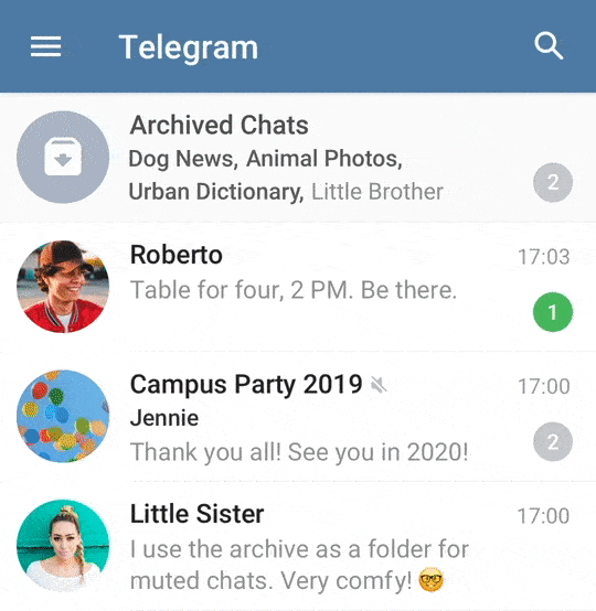 Чтобы добавить в архив канал или диалог, проведите по нему пальцем влево на главном экране. Источник: Telegram Tips
