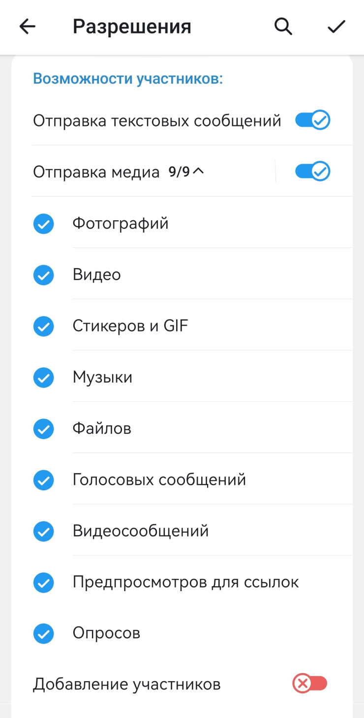 Так выглядит меню разрешений для участников в групповом чате