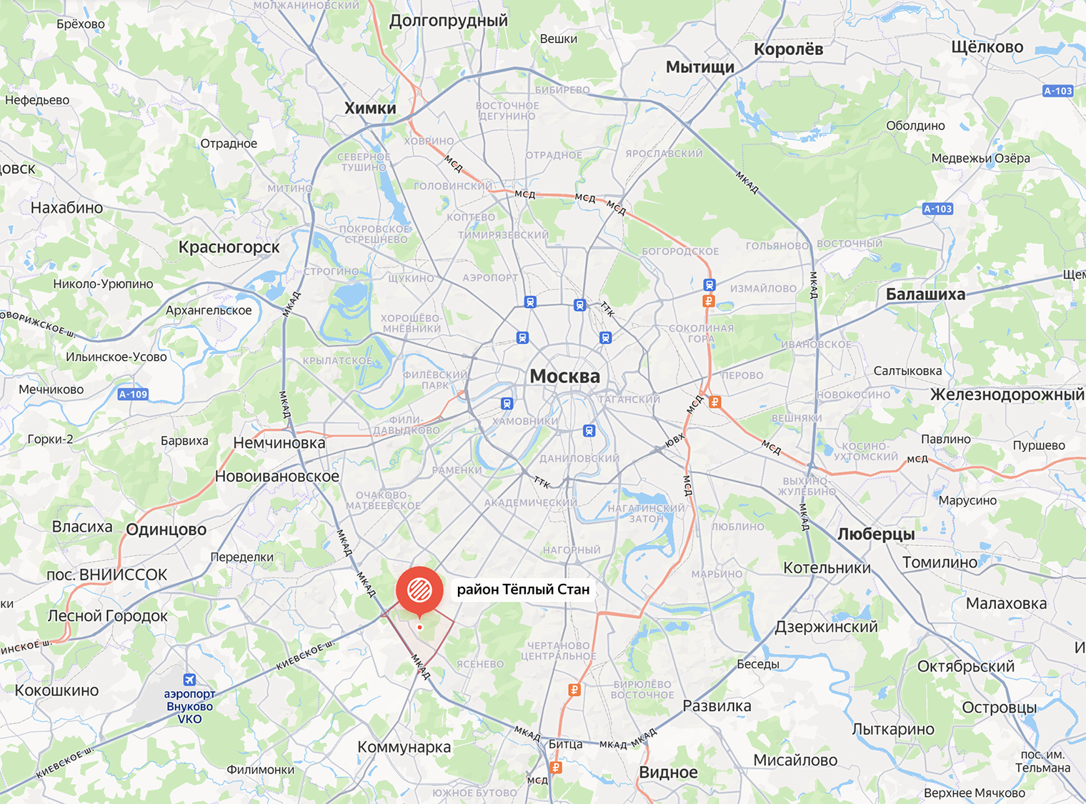 Район Теплый Стан на карте Москвы. Источник: yandex.ru