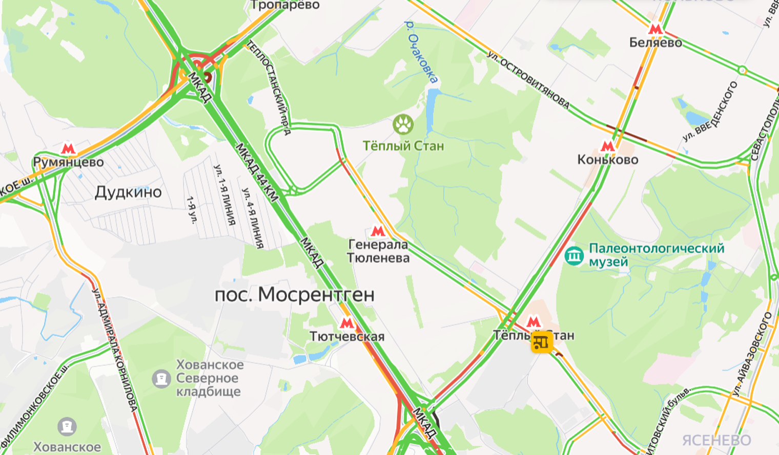 Обстановка на дорогах из центра в Теплый Стан в 18:30. Источник: yandex.ru