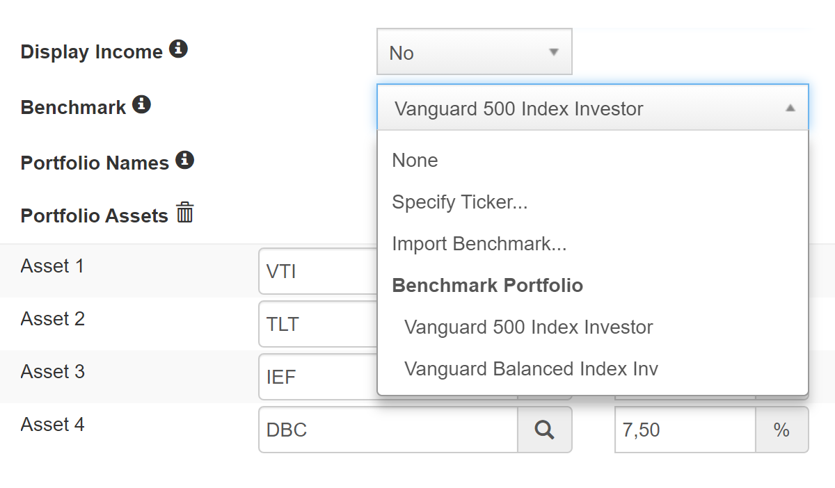 Задаем бенчмарк через выпадающий список — в нашем случае Vanguard 500 Index Investor