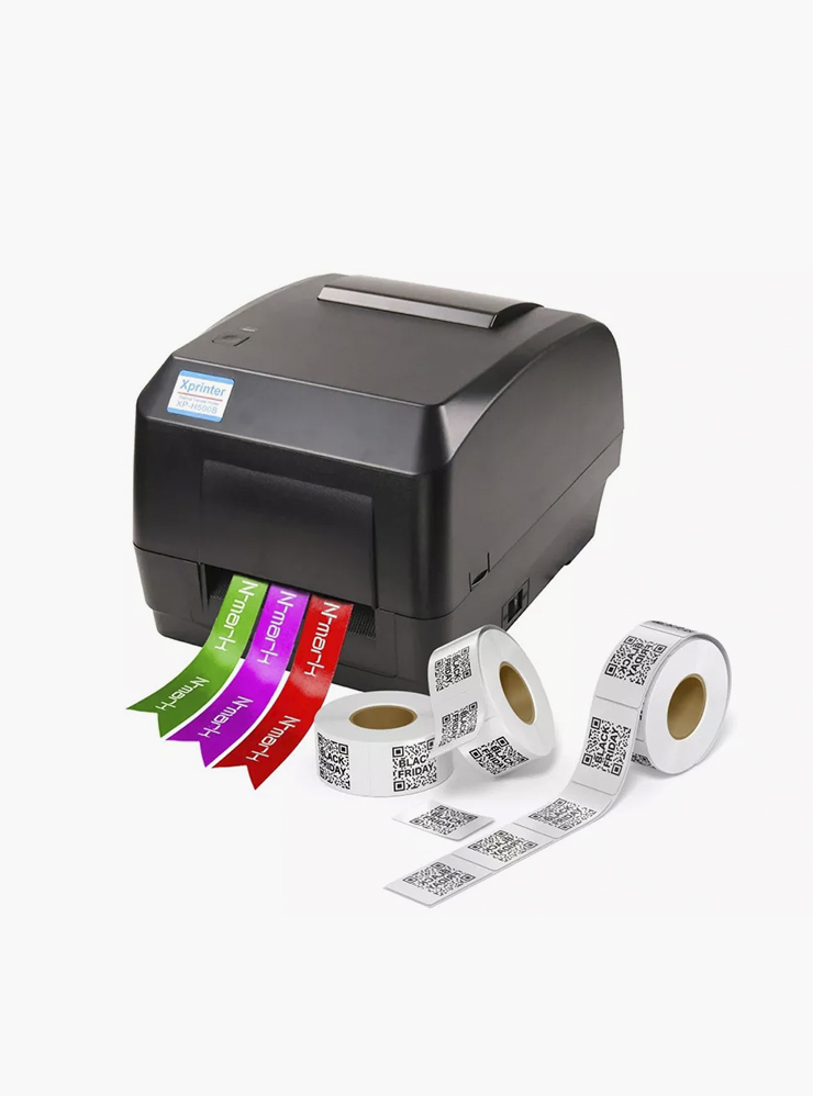 Термотрансферный принтер XPrinter⁠-⁠H500E. Для него придется также приобрести ленту с краской. А сам гаджет стоит в четыре раза дороже, чем термопринтер — 16 000 ₽