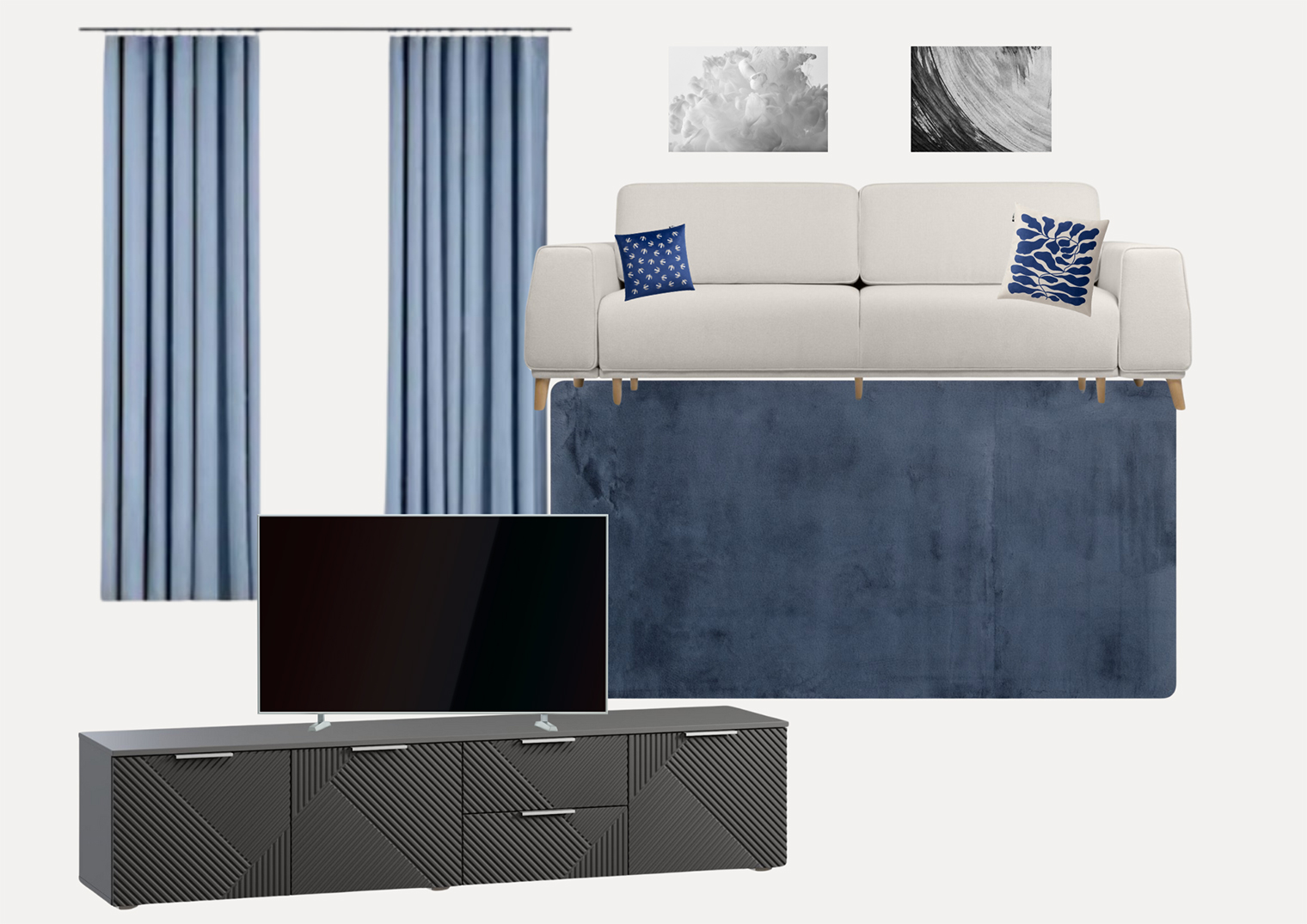 Еще сюда можно добавить чуть⁠-⁠чуть темного — например, картины над диваном, чтобы сбалансировать тумбу и телевизор