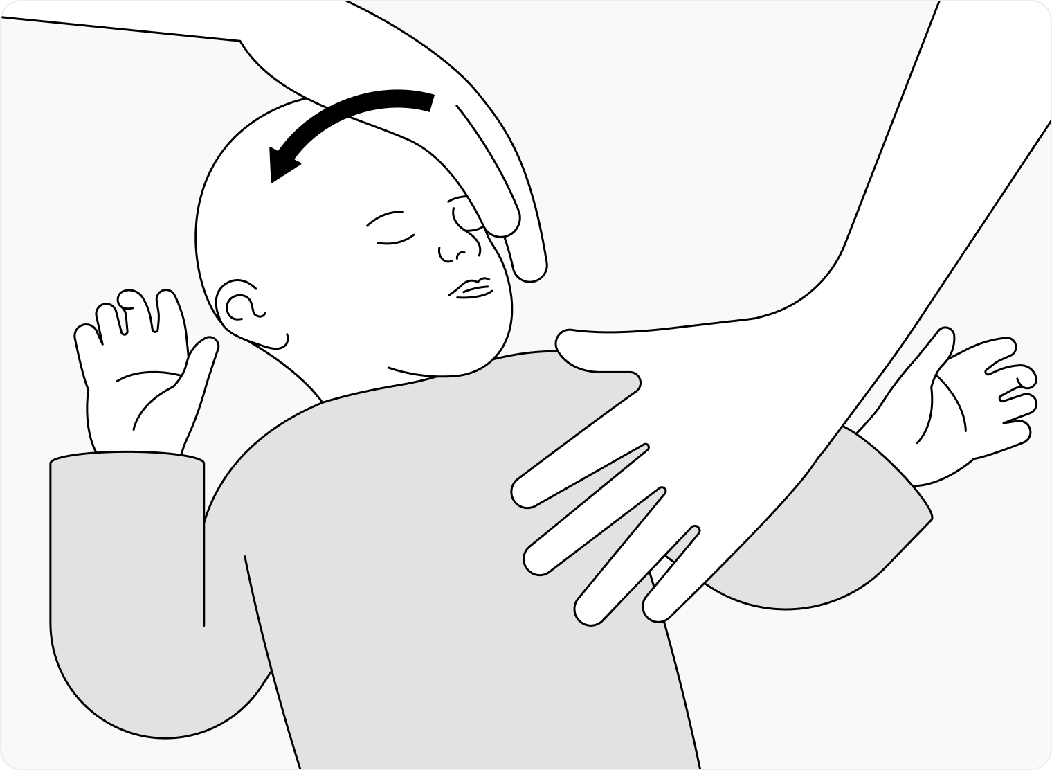 Поместить одну руку на левом плече малыша, а другую — продольно на боковой поверхности лица ребенка, ото лба до подбородка. Затем медленно и аккуратно поворачивать лицо младенца к правому плечу