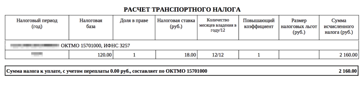 Выписка из налогового уведомления по транспортному налогу