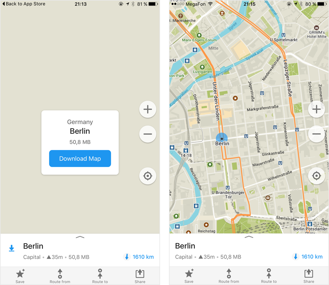 Карта Берлина в «Мапс-ми» занимает всего 50 Мб — меньше обычной игры для смартфона. Кроме домов и улиц она покажет кафе, рестораны и станции метро