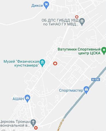 Три станции велопроката в Троицке отмечены красным цветом. Источник: velobike.ru