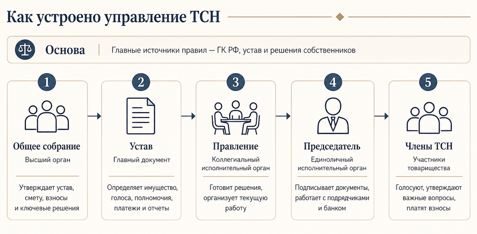 Как устроено управление ТСН — устав и решения собственников определяют, как распределяются полномочия между собранием, правлением, председателем и членами товарищества