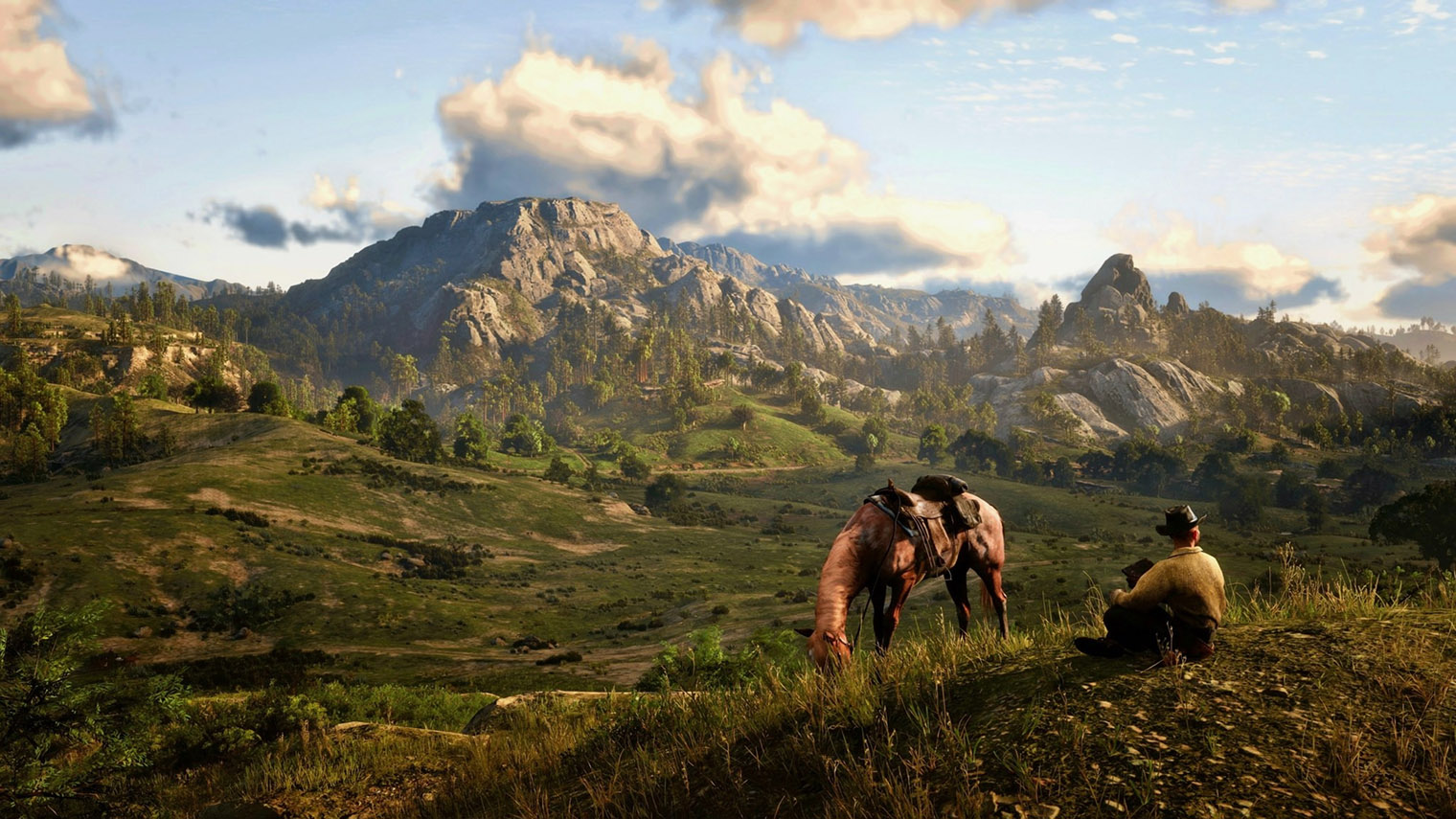 На фоне великолепных пейзажей разворачивается драматическая история про брутальных мужчин, которые старательно прячут друг от друга слабости и память о совершенных преступлениях. Кадр: Rockstar Games