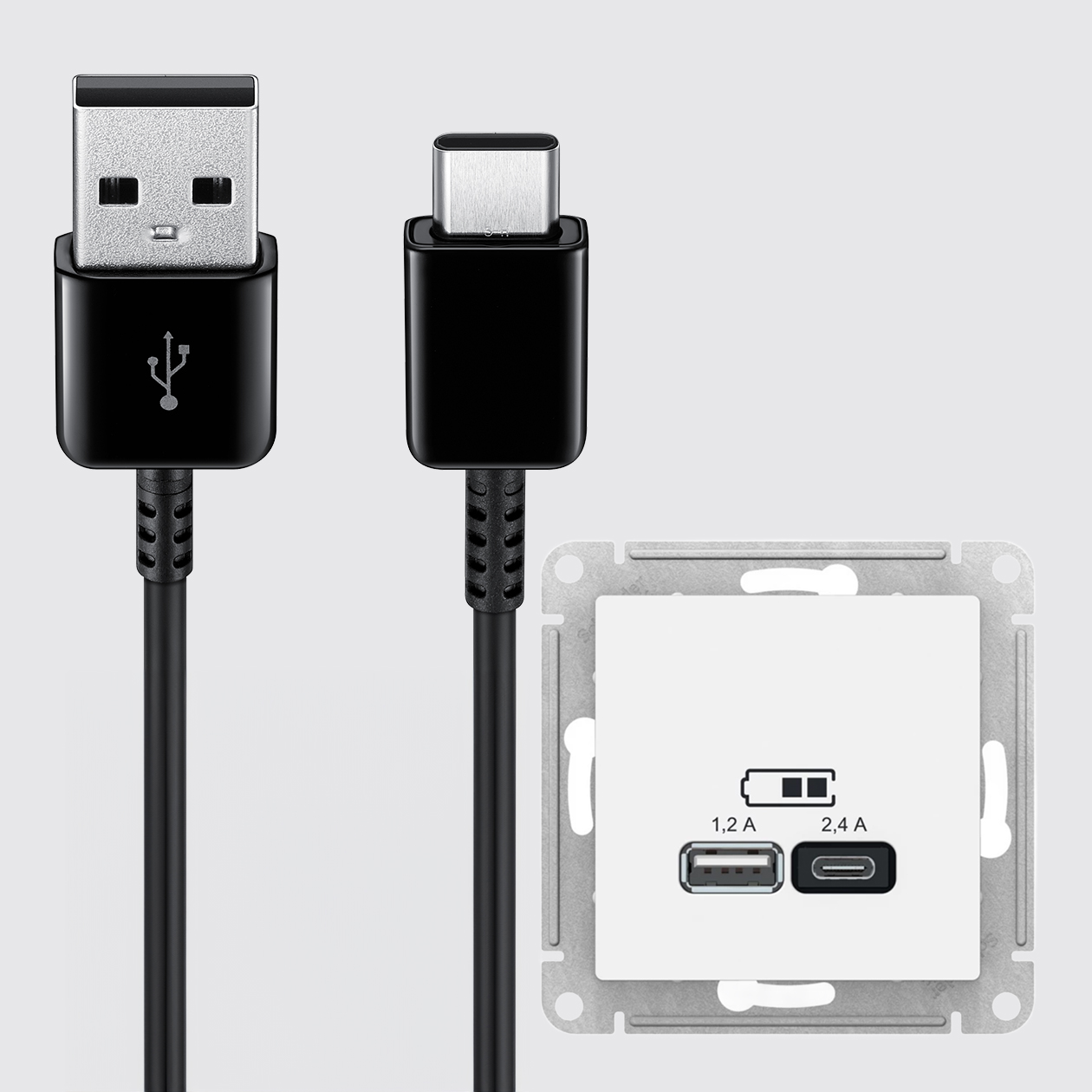 USB⁠-⁠розетка с разъемами USB⁠-⁠A и USB⁠-⁠C. Встречается в поездах, аэропортах, отелях, торговых центрах