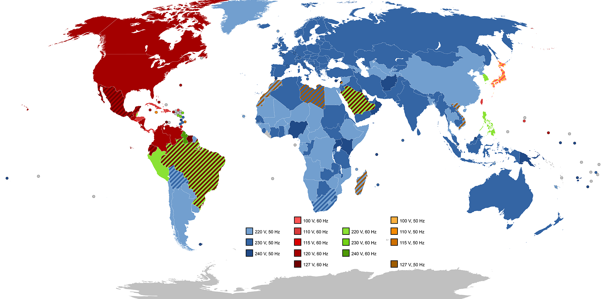 Напряжение и частота в электросетях разных стран мира. Источник: wikipedia.org