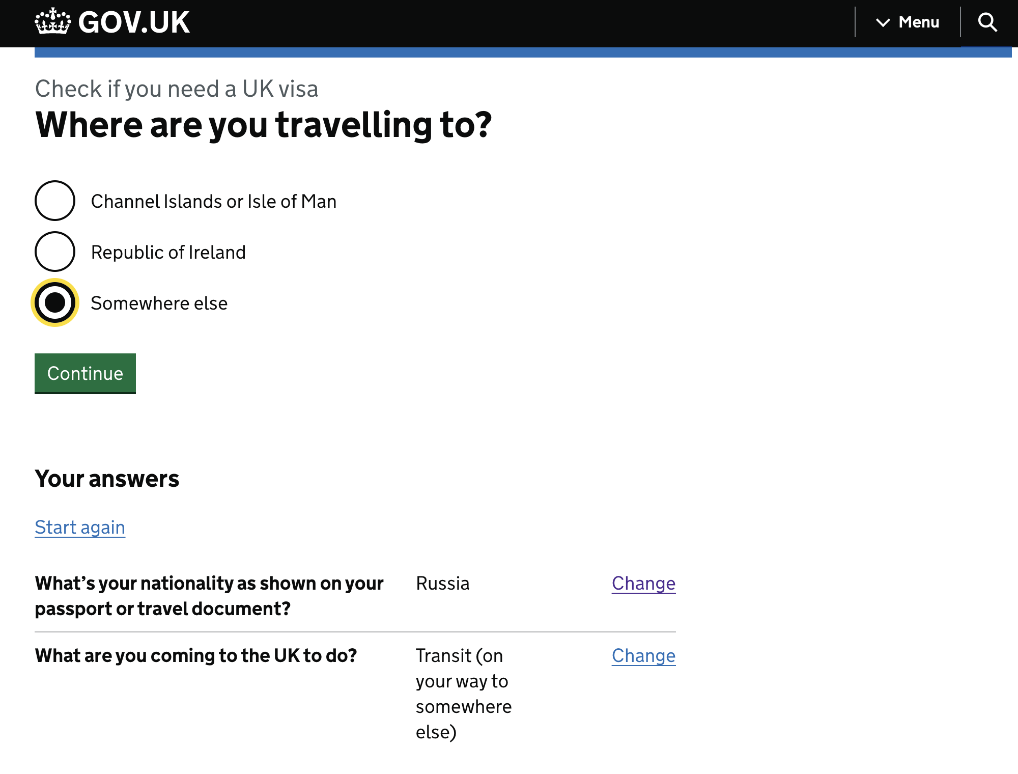 Проверить, нужна ли виза для транзита, можно с помощью теста на сайте gov.uk. Для этого надо ответить на несколько вопросов. Я выбрала российский паспорт и указала, что планирую лететь через Великобританию транзитом в другую страну