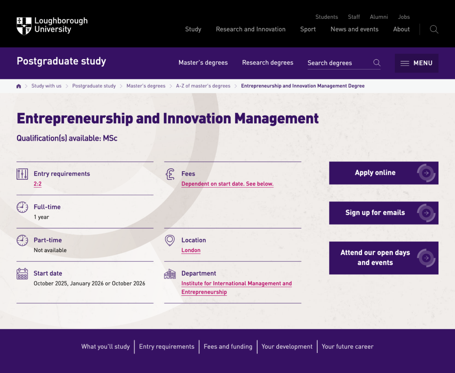 Описание программы «Предпринимательство и управление инновациями» в Университете Лафборо. © lboro.ac.uk
