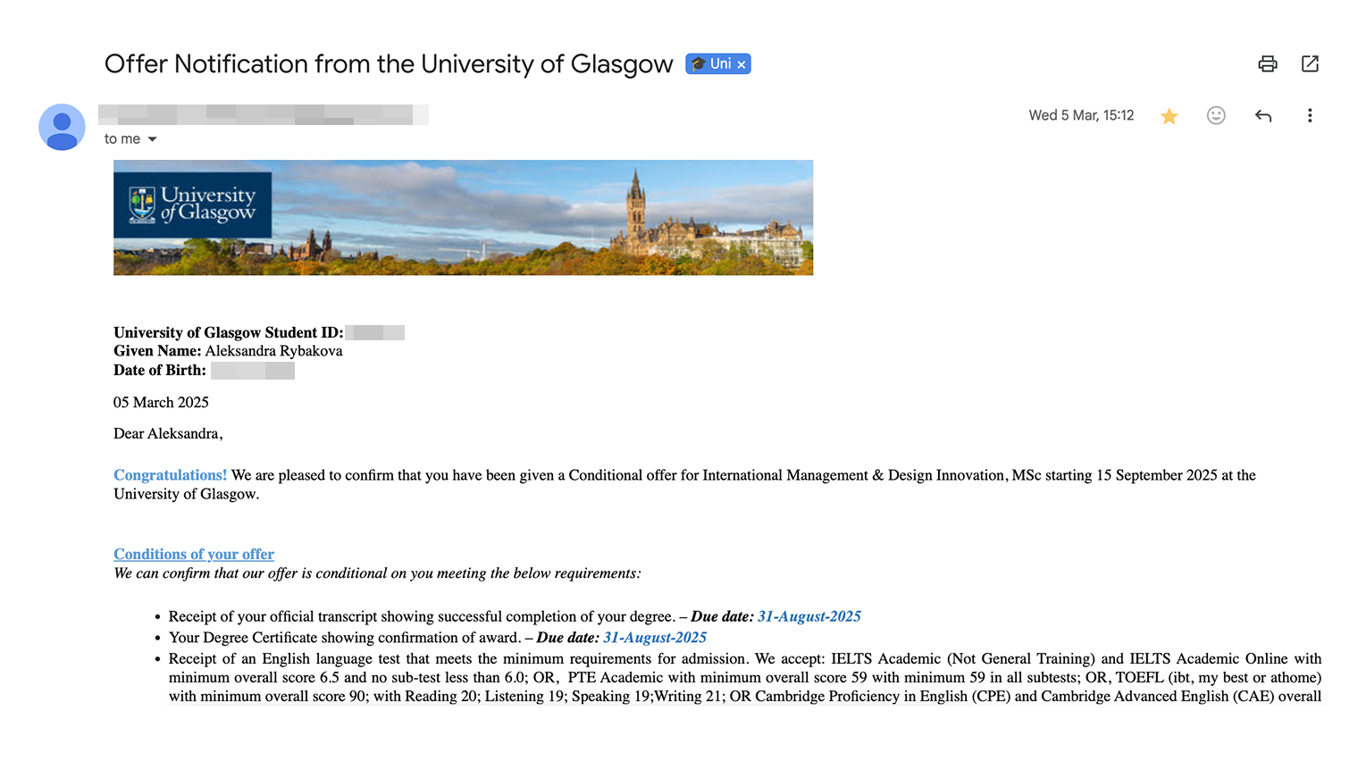 Условный оффер в Глазго на программу «Международный менеджмент и дизайн-инновации»