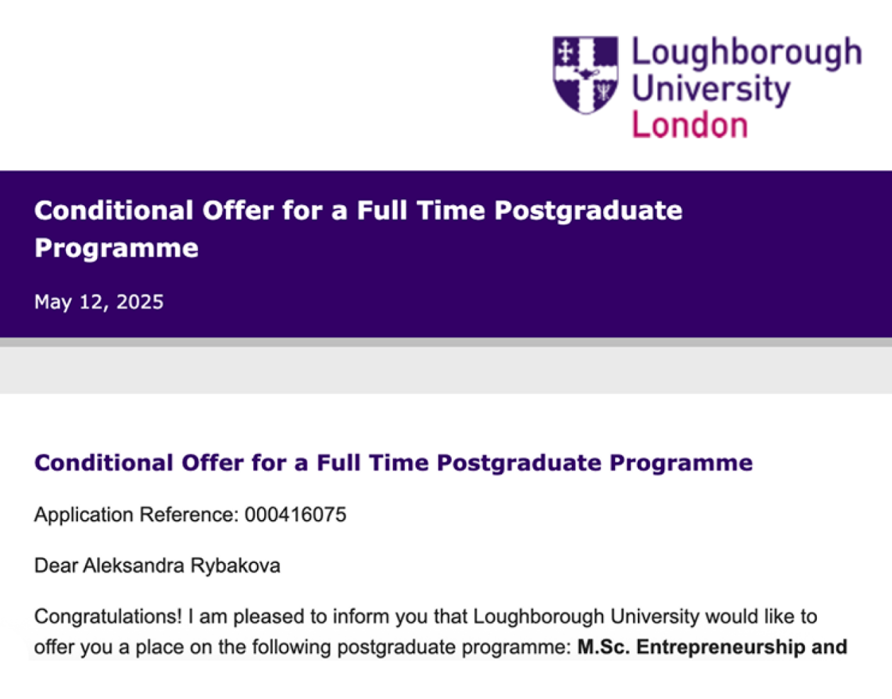 Условный оффер из лондонского филиала Университета Лафборо