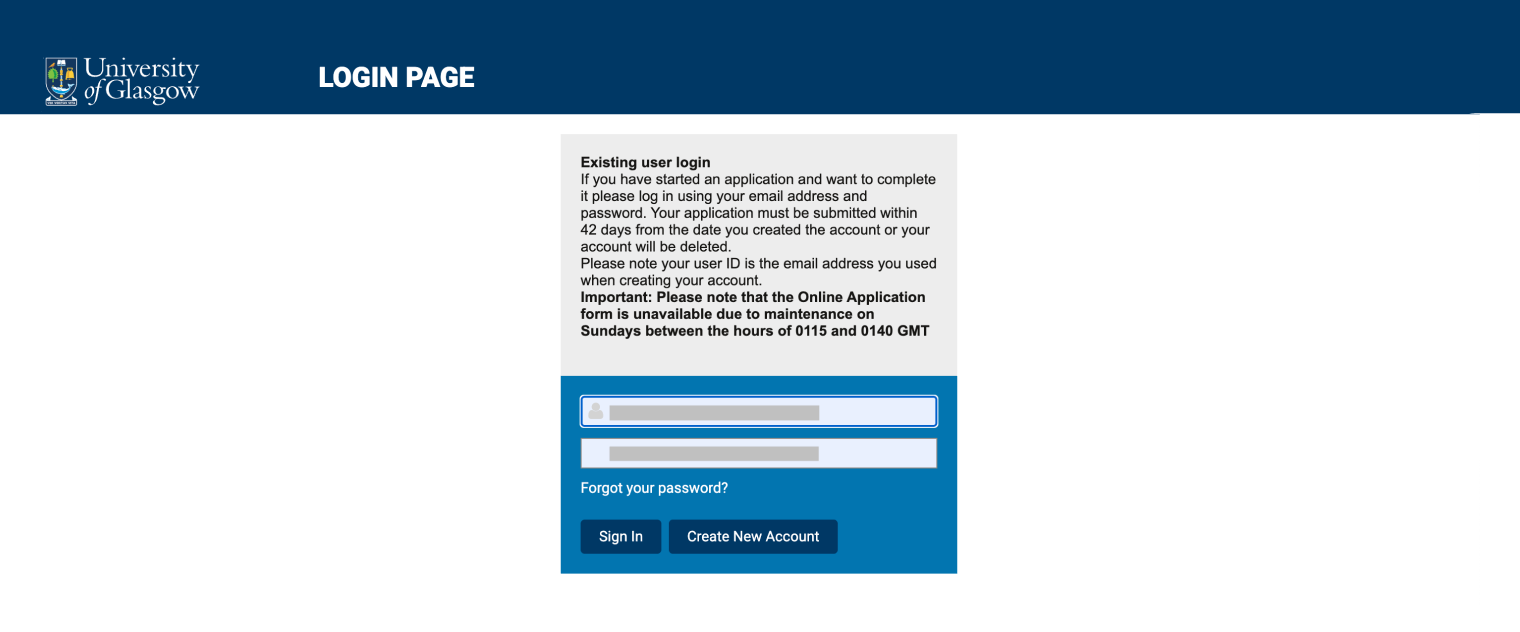 В небольшом сером окне иногда появляются уведомления о расписании работы портала — например, сейчас он не работает по воскресеньям. © gla.ac.uk