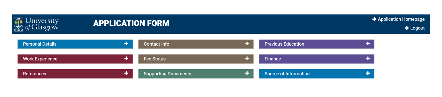 Категории вопросов внутри заявления на поступление. © gla.ac.uk