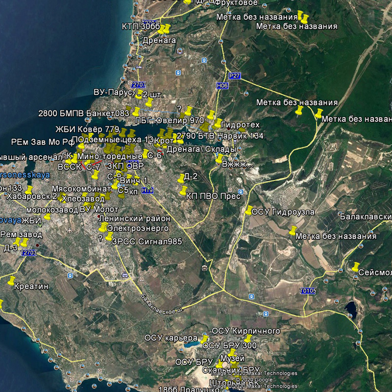Мои друзья, исследователи подземного Севастополя, отметили на карте большинство точек. Пользоваться ею неудобно, зато видно, как много здесь объектов под землей