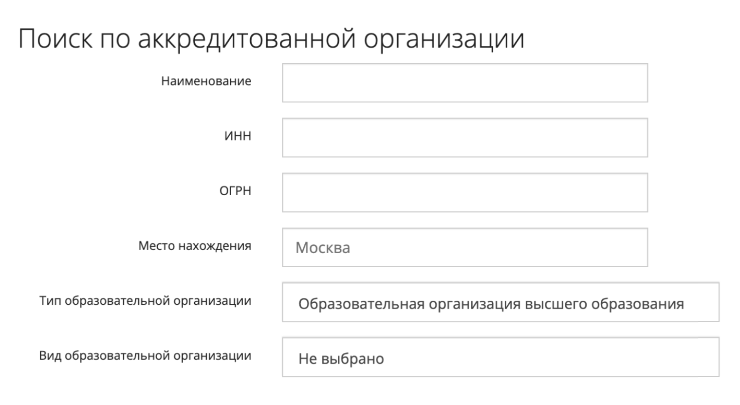На сайте Рособрнадзора можно проверить действующие аккредитации разных вузов и заодно посмотреть их названия. Укажите интересующий город и тип — вуз