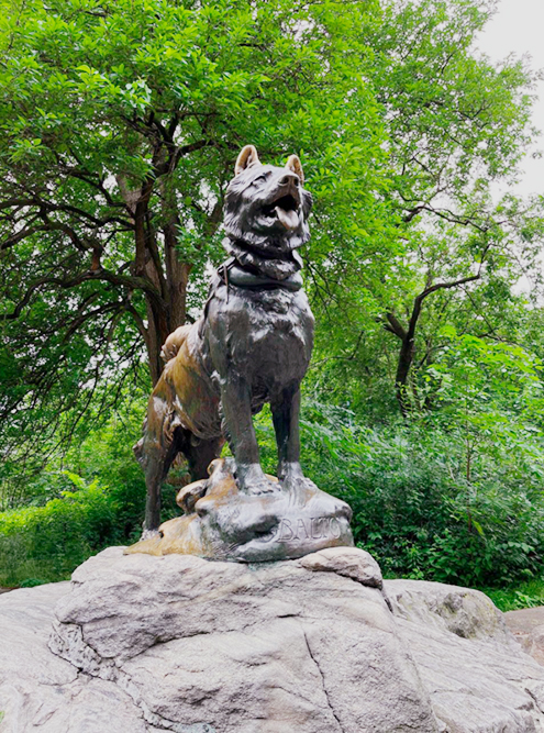 Гуляли по Центральному парку и нашли скульптуру Балто — собаки-героя, которая в 1925 году возглавила упряжку ездовых собак и доставила на Аляску лекарство от дифтерии