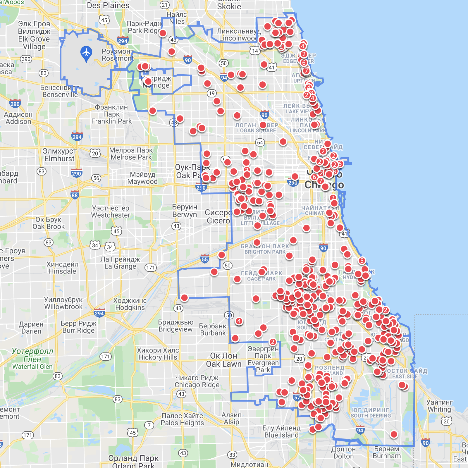В Чикаго много жилья до 140 000 $. На карте только 500 вариантов из 1567 возможных. Источник: zillow.com