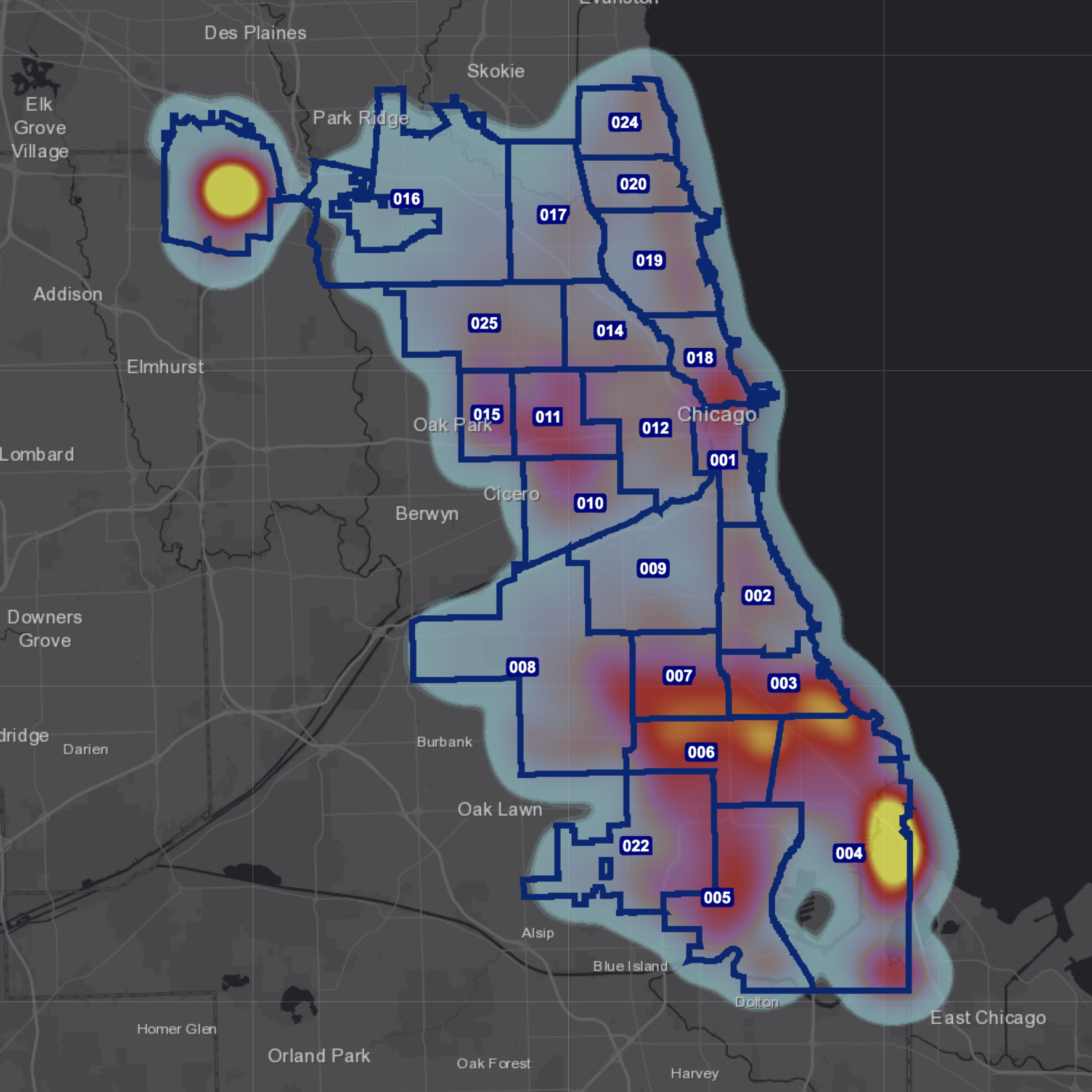 Это карта Чикаго с очагами преступности. Я не смогла хорошо разобраться с картой, но, как понимаю, чем краснее зона, тем больше преступлений в районе совершено. Источник: chicagopd.maps.arcgis.com